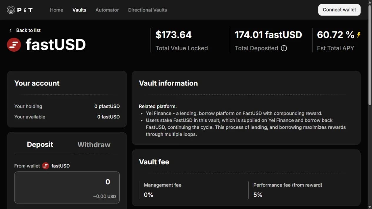 Pit Finance — public vault interface, shown without a connected wallet
